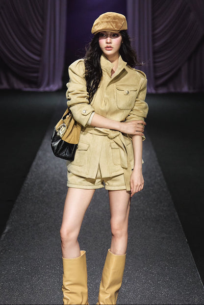 "Golden Dune" Khaki Faux Suede Jacket & Tailored Shorts Set