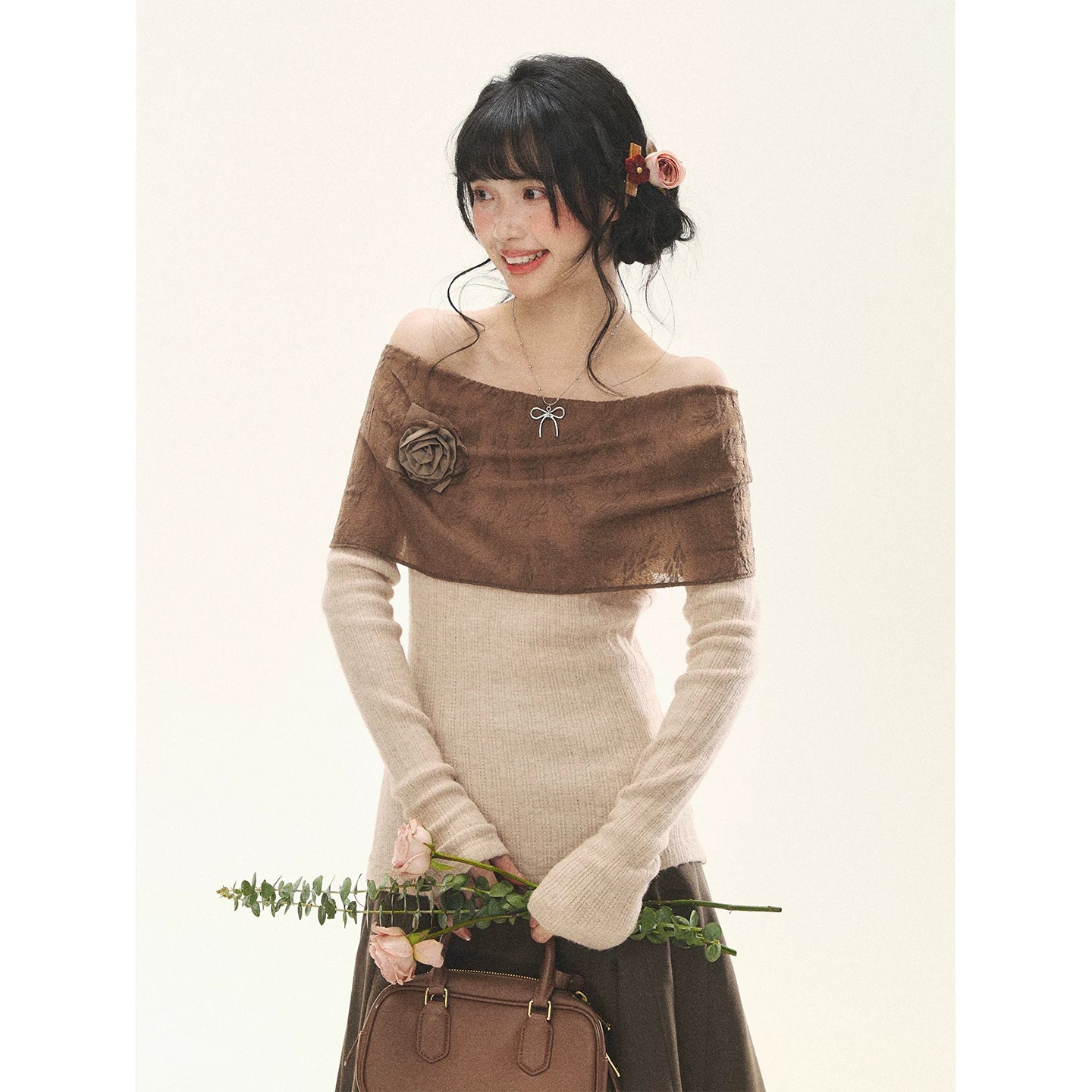 "Vintage Contrast" Brown Apricot Off-Shoulder Floral Knit Top