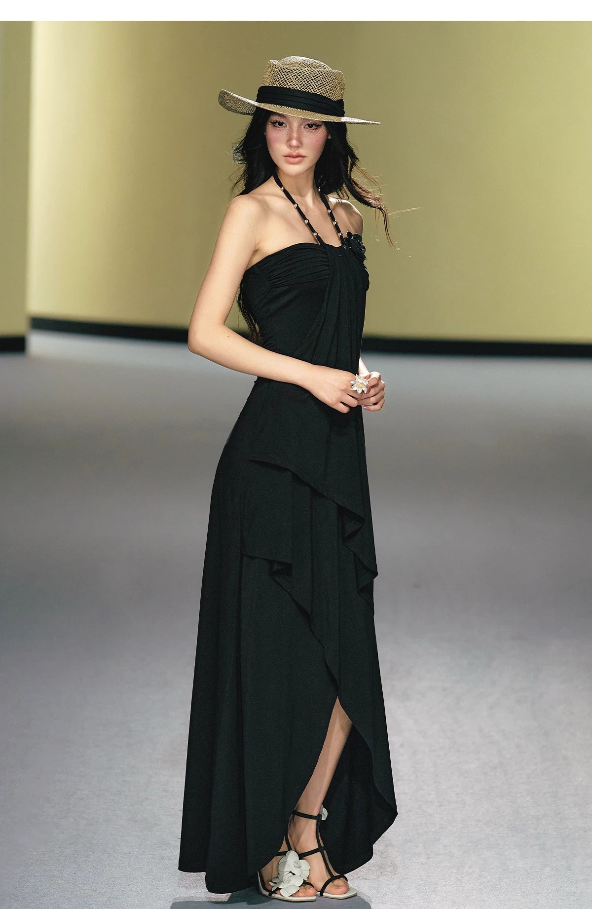 "Moonlit Reverie" Halter Layered Maxi Dress (Black/ Blush Pink)