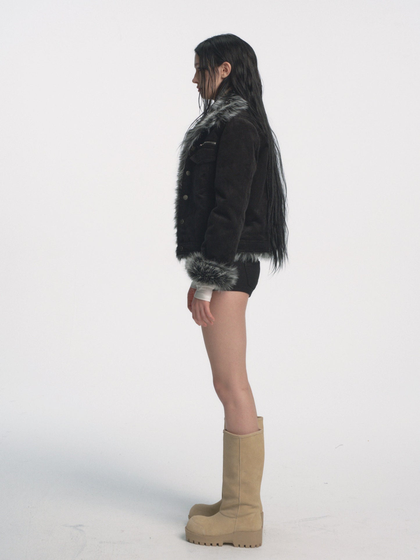 Muirgen - Black Retro Y2K Corduroy Faux Fur Cropped Jacket