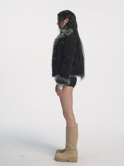 Muirgen - Black Retro Y2K Corduroy Faux Fur Cropped Jacket