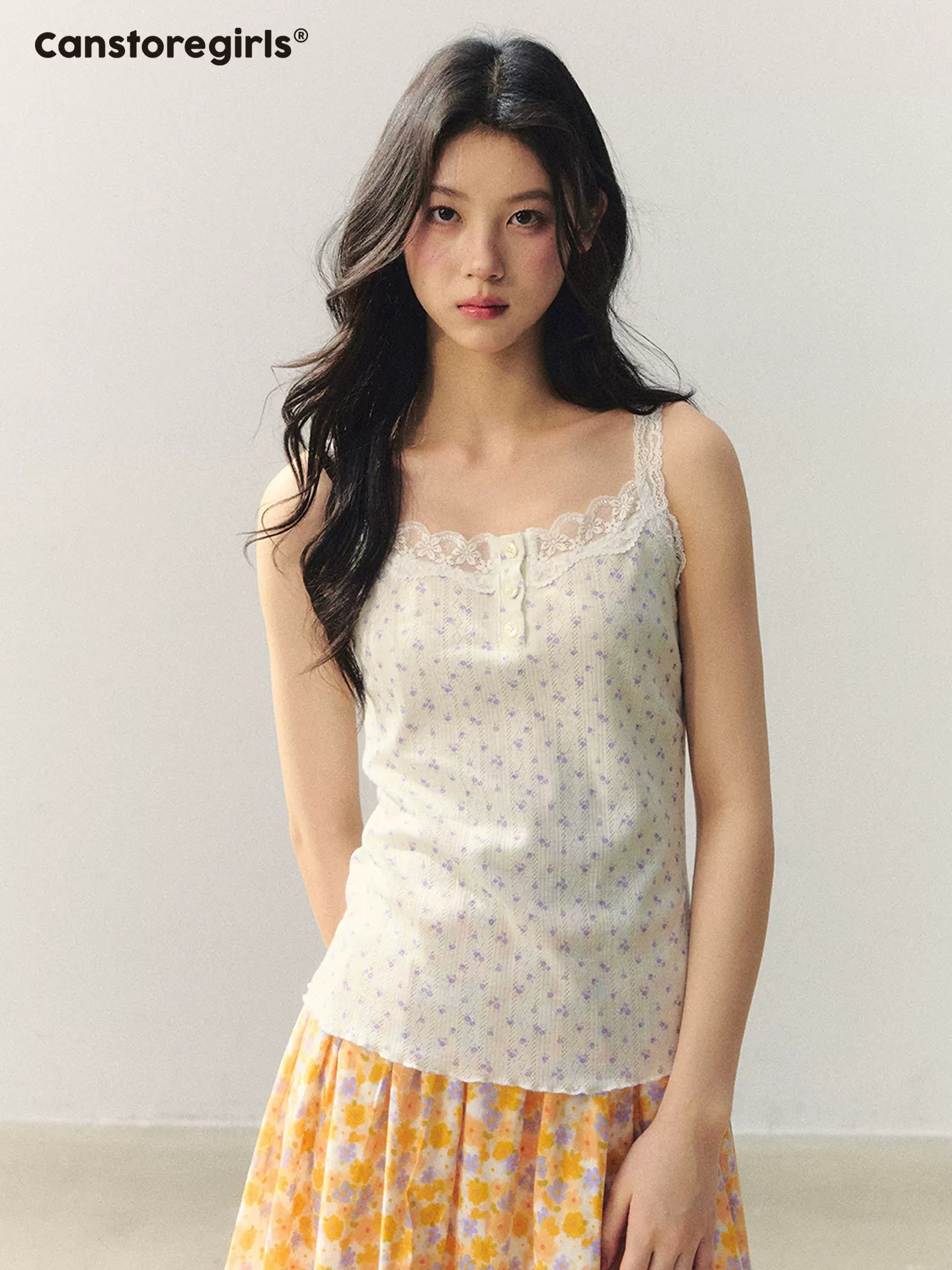 Citrus Bloom Lace Cami & Floral Pleated Skirt Set LL2026039