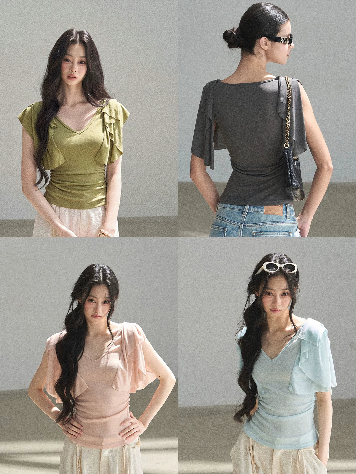 "Where Clouds Fall" Ruffle Sleeve V-Neck Crop Top (Forest Green/ Sage Gray/ Misty Blue/ Cinnamon Pink)
