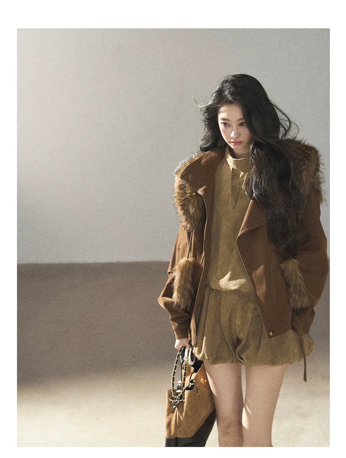 AOMALM - "The Veins of Leaves" Oatmeal French Faux Suede Top & Shorts Set