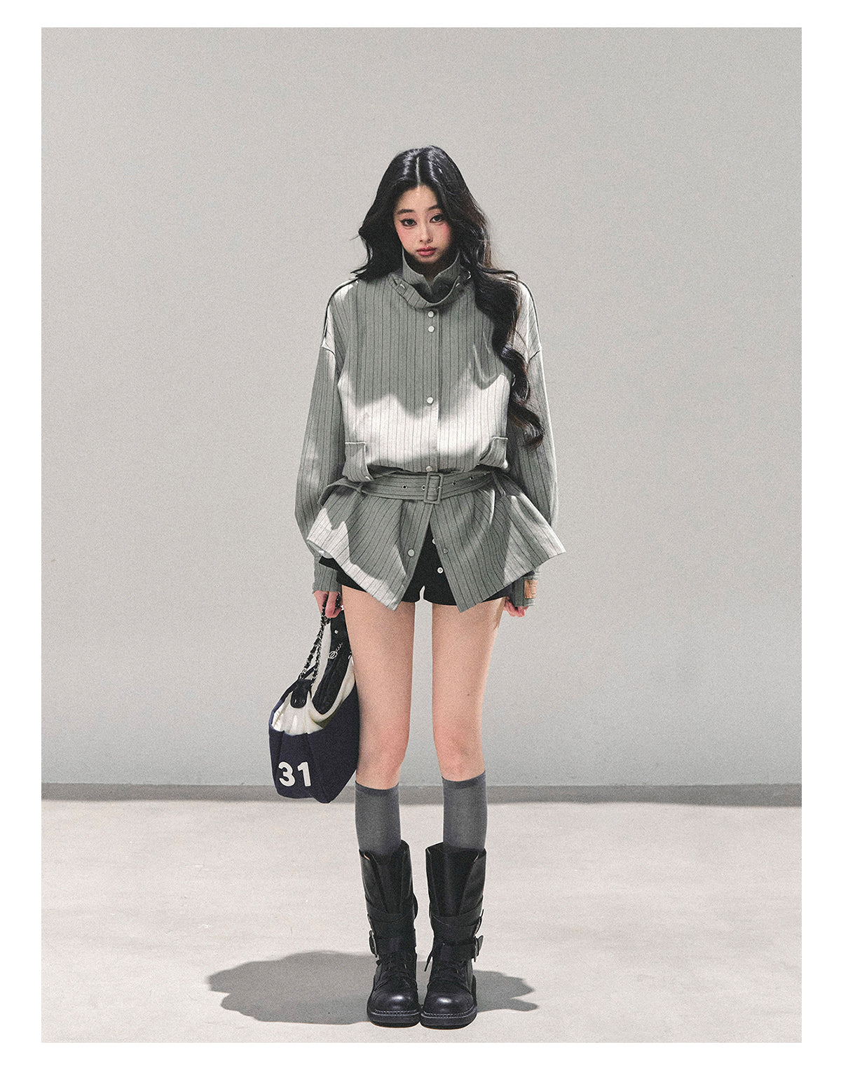 少也眼 “St. Martin Academy” French-British Striped High-Neck Jacket with Belt – Gray 94161