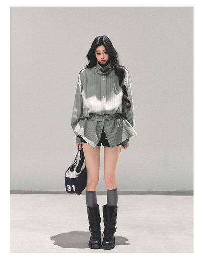 少也眼 “St. Martin Academy” French-British Striped High-Neck Jacket with Belt – Gray 94161