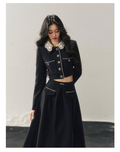 少也眼 "Whispers of Lace" Black French Lace Two-Piece Skirt Set