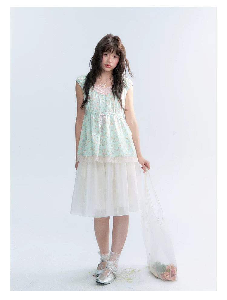 "Mint Blossom" Mint Green Floral Layered Floral Babydoll Top