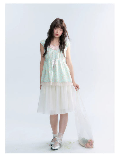 "Mint Blossom" Mint Green Floral Layered Floral Babydoll Top