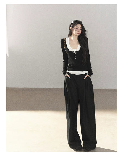 AOMALM - "Midnight Glow" Black Striped Satin Wide-Leg Pants
