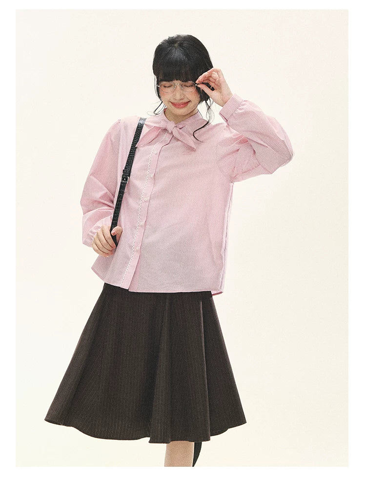 "Blush Poetry" Pink Stripe Cotton Bow Blouse