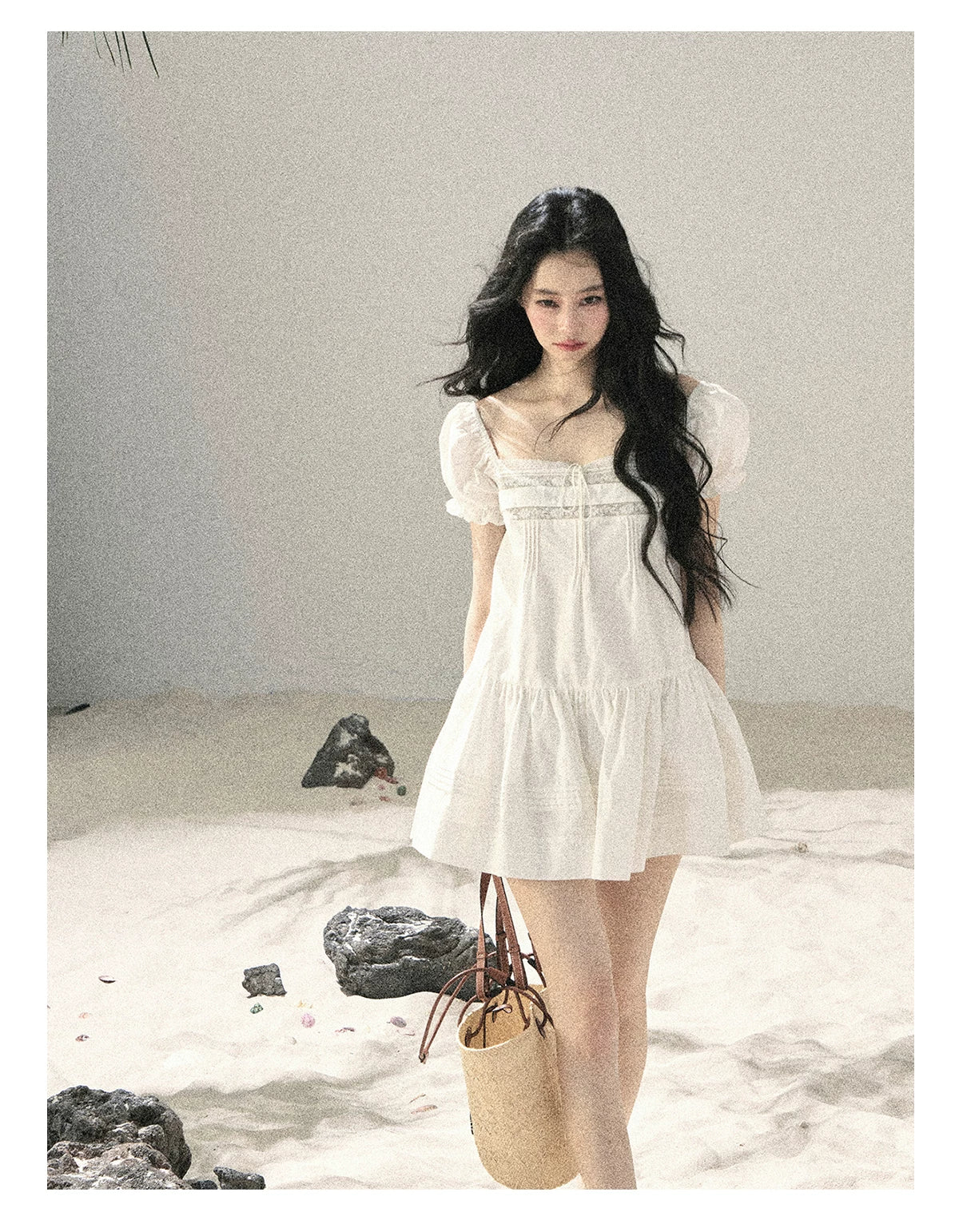 "Light as a Cloud" Frost White Puff Sleeve Lace Babydoll Mini Dress