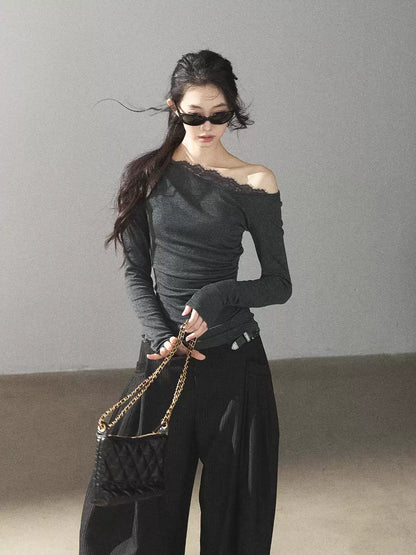 AOMALM - Dark Rock Gray Faux Two-Piece Asymmetrical Lace Long-Sleeve Top