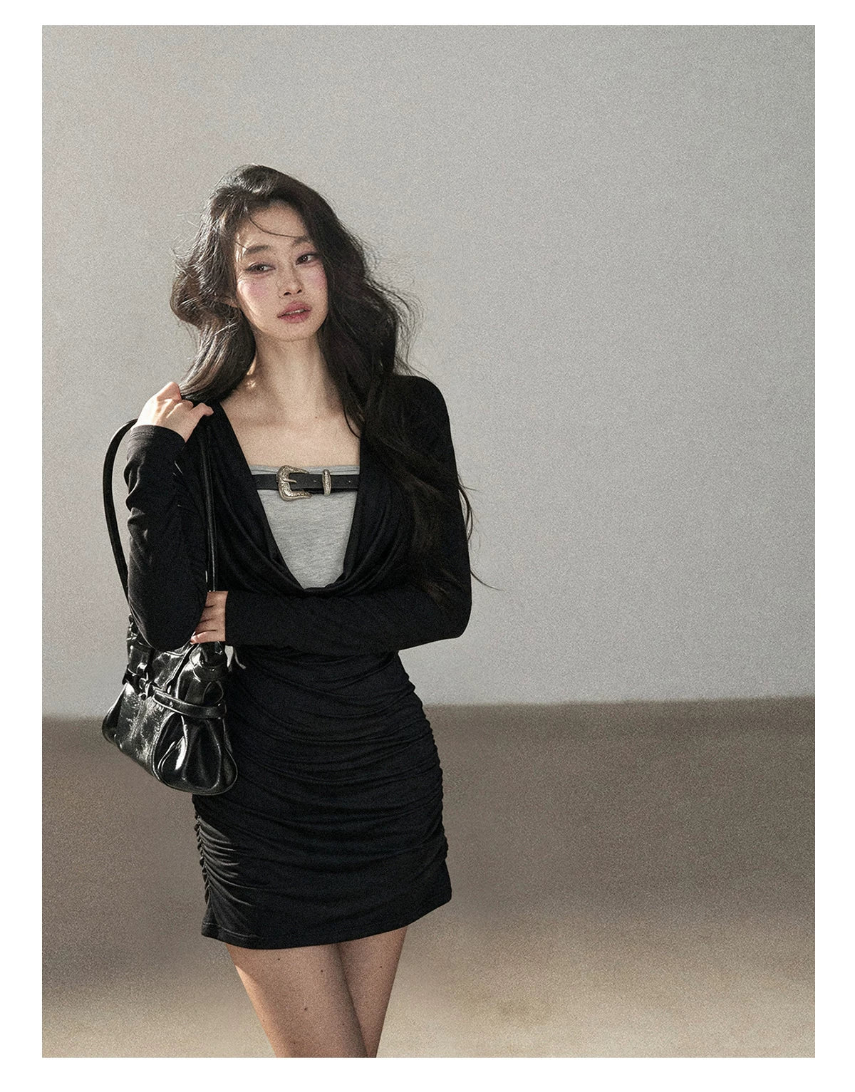 AOMALM - "Misty Shore" Quiet Black Layered Knit Mini Dress