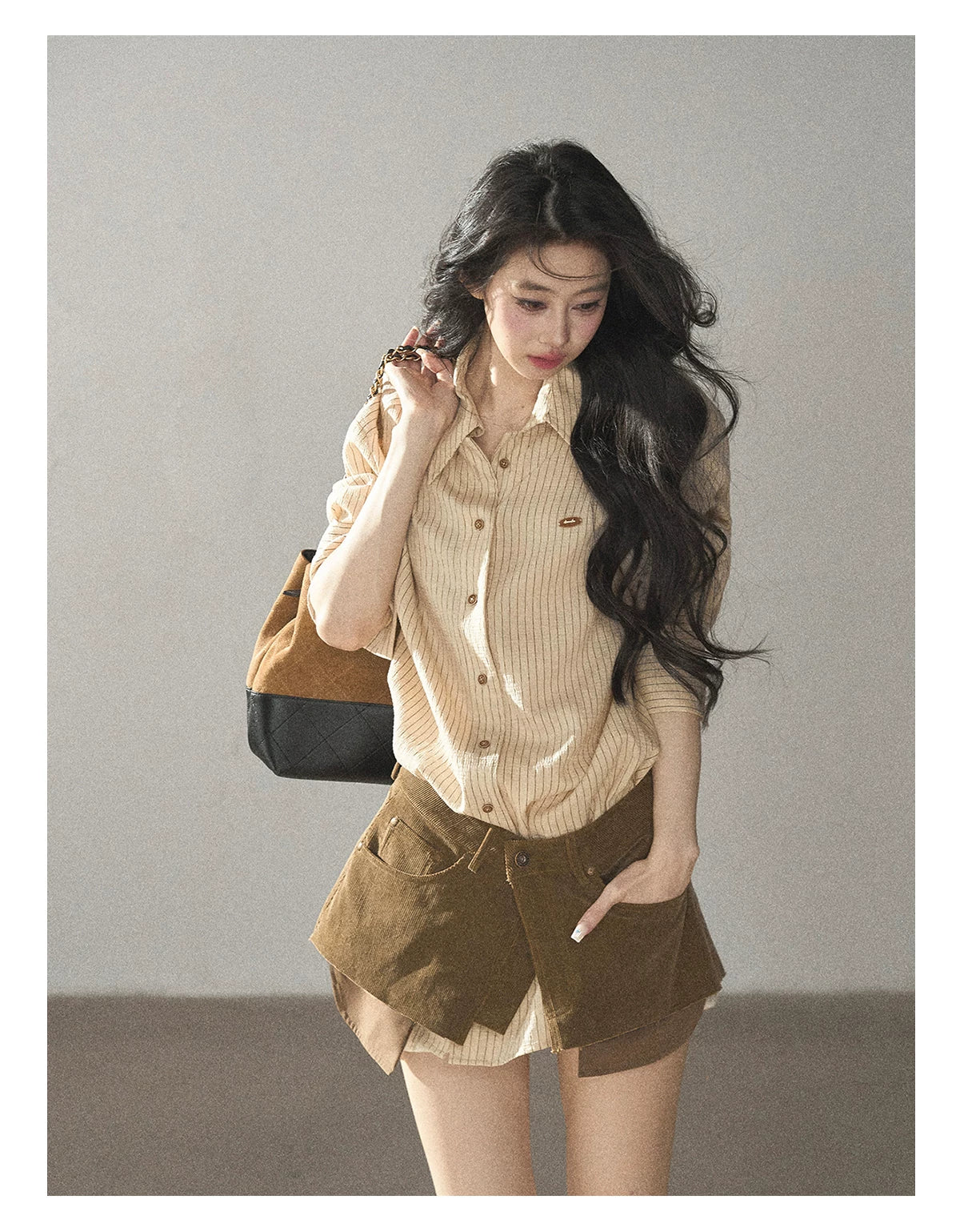 AOMALM - "Autumn Botanicals" Amber Yellow Striped Shirt & Wrap Faux Half-Skirt Set