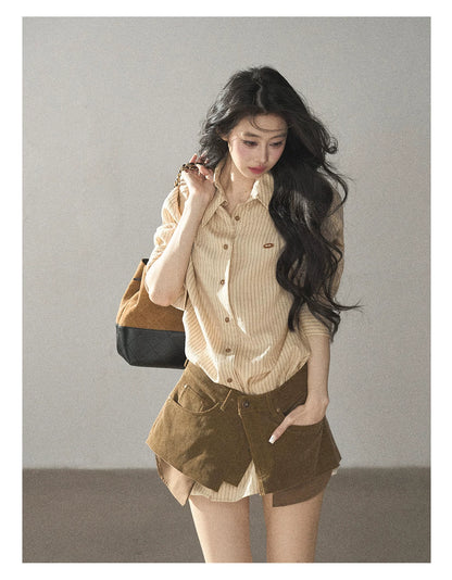 AOMALM - "Autumn Botanicals" Amber Yellow Striped Shirt & Wrap Faux Half-Skirt Set