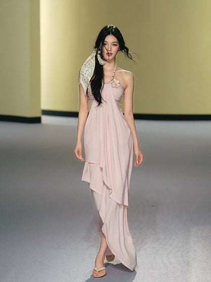 "Moonlit Reverie" Halter Layered Maxi Dress (Black/ Blush Pink)