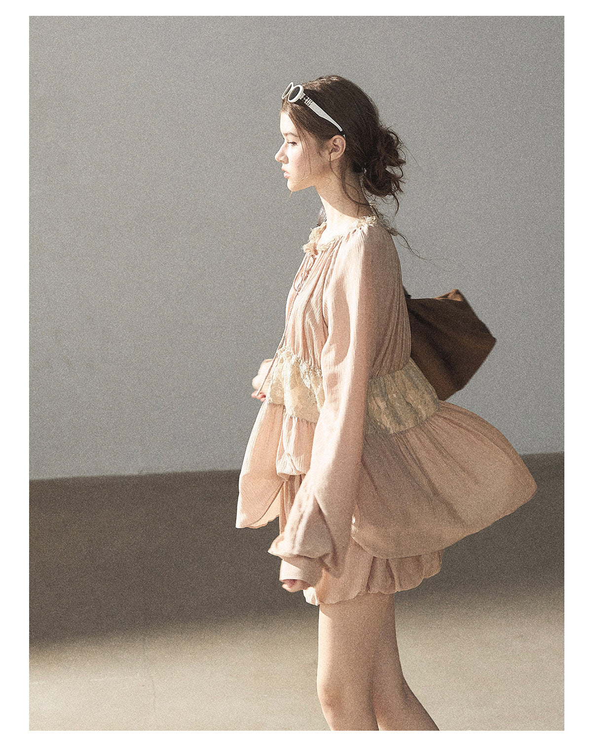 170726 "Ripples of Autumn" Milk Tea Lace Blouse & Bubble Shorts Set