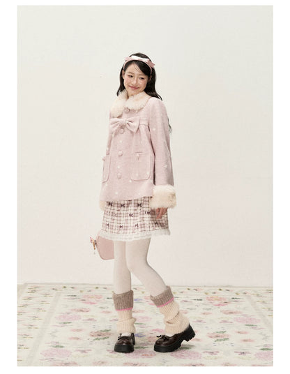 RF - Peach Pink Ombre Faux Fur Collar Wool-Look Jacket with Star Embroidery
