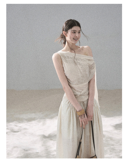 “Frosted Kiss” Dutch Cheese Crystal Mesh Sleeveless Top