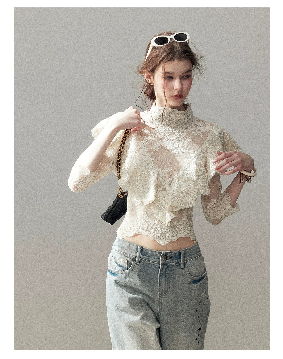 "Translucent Bloom" Dutch Cheese Lace Cropped Top