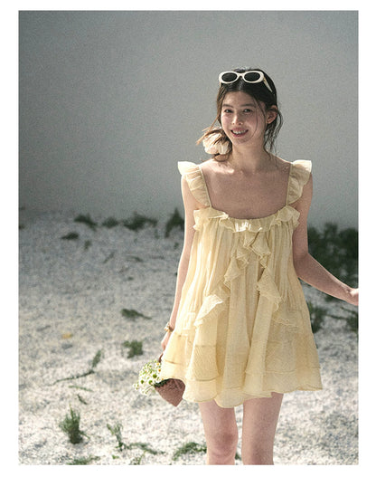 “Tenderly Entwined” Soft Butter Yellow Ruffle Babydoll Dress 4563543