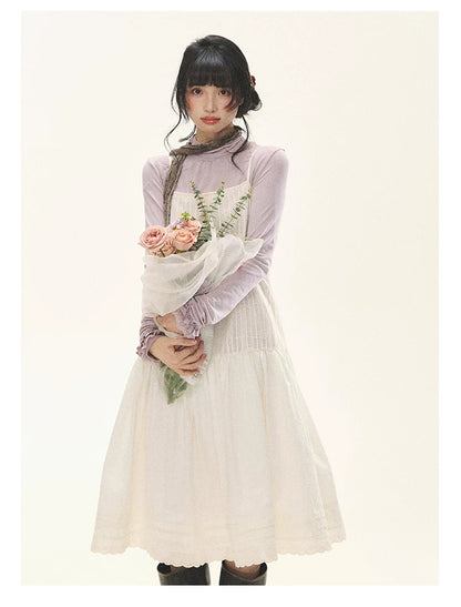 "Ivory Blossoms" Apricot Mist Beige Floral Pinafore Midi Dress