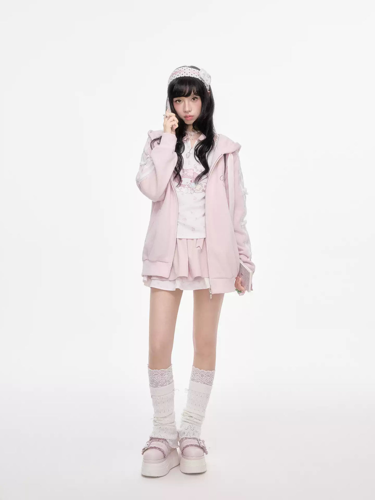 KYOUKO - Pink Embroidered Hooded Zip-Up Jacket