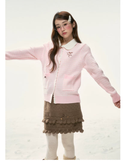 BIBIBENCY - Pink Plaid Bow Knit Sweater