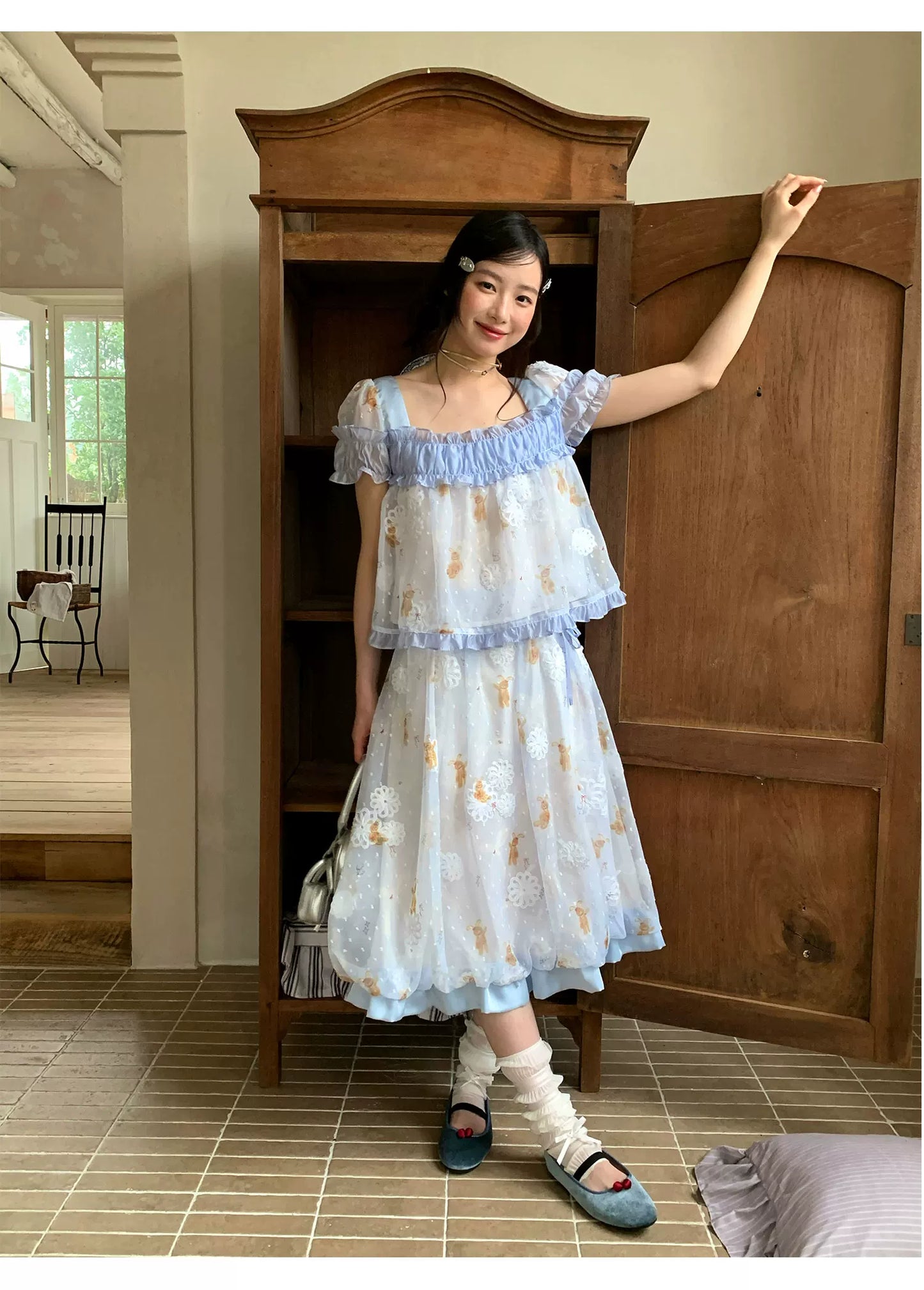 [RF] “Blue Teddy Fairytale” Bear Print Two-Piece Dress Set