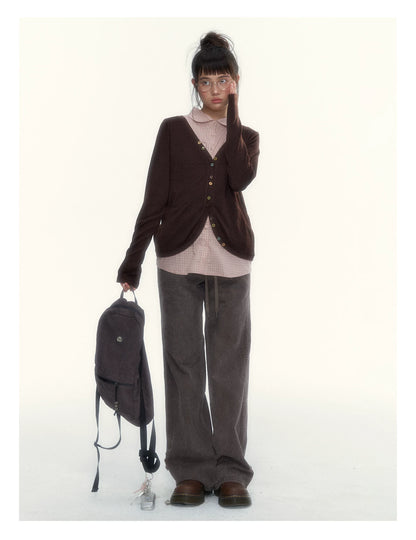“Chestnut Book Knit” Red Brown Faux-Layered Colorful Button Cardigan