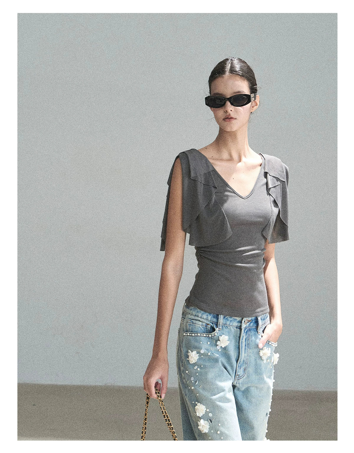 "Where Clouds Fall" Ruffle Sleeve V-Neck Crop Top (Forest Green/ Sage Gray/ Misty Blue/ Cinnamon Pink)