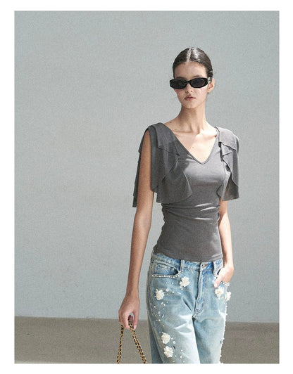 "Where Clouds Fall" Ruffle Sleeve V-Neck Crop Top (Forest Green/ Sage Gray/ Misty Blue/ Cinnamon Pink)