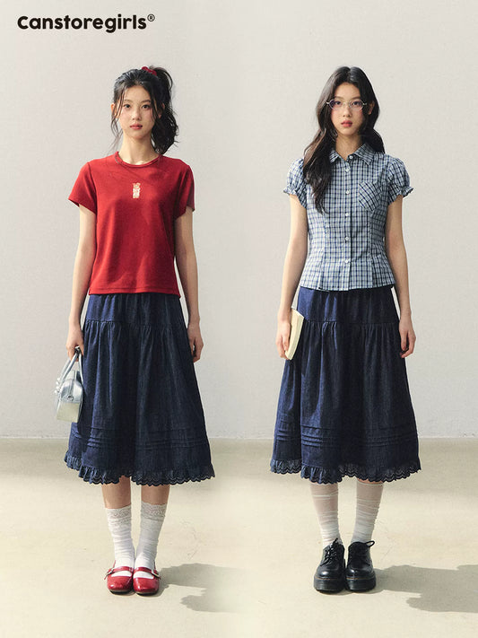 "Old Alley Blues" Lace Trim A-line Midi Skirt WW2026043