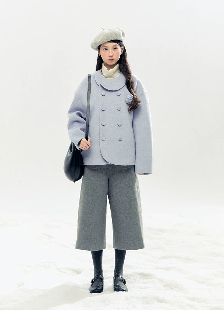"Rose Manifesto" Frosted Blue Double-Breasted Quilted Wool-Blend Peacoat