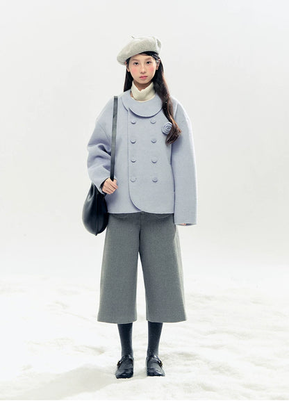 "Rose Manifesto" Frosted Blue Double-Breasted Quilted Wool-Blend Peacoat