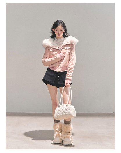 少也眼 “Snowvel Embrace” Hooded Sherpa Jacket - Cinnamon Pink 874351