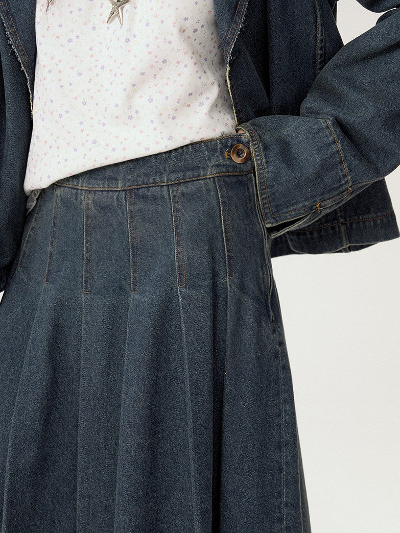 [CAN] "Wildflower Echoes" Vintage Indigo Denim Set (Jacket / Flared Pants / Midi Skirt)