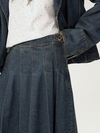 [CAN] "Wildflower Echoes" Vintage Indigo Denim Set (Jacket / Flared Pants / Midi Skirt)