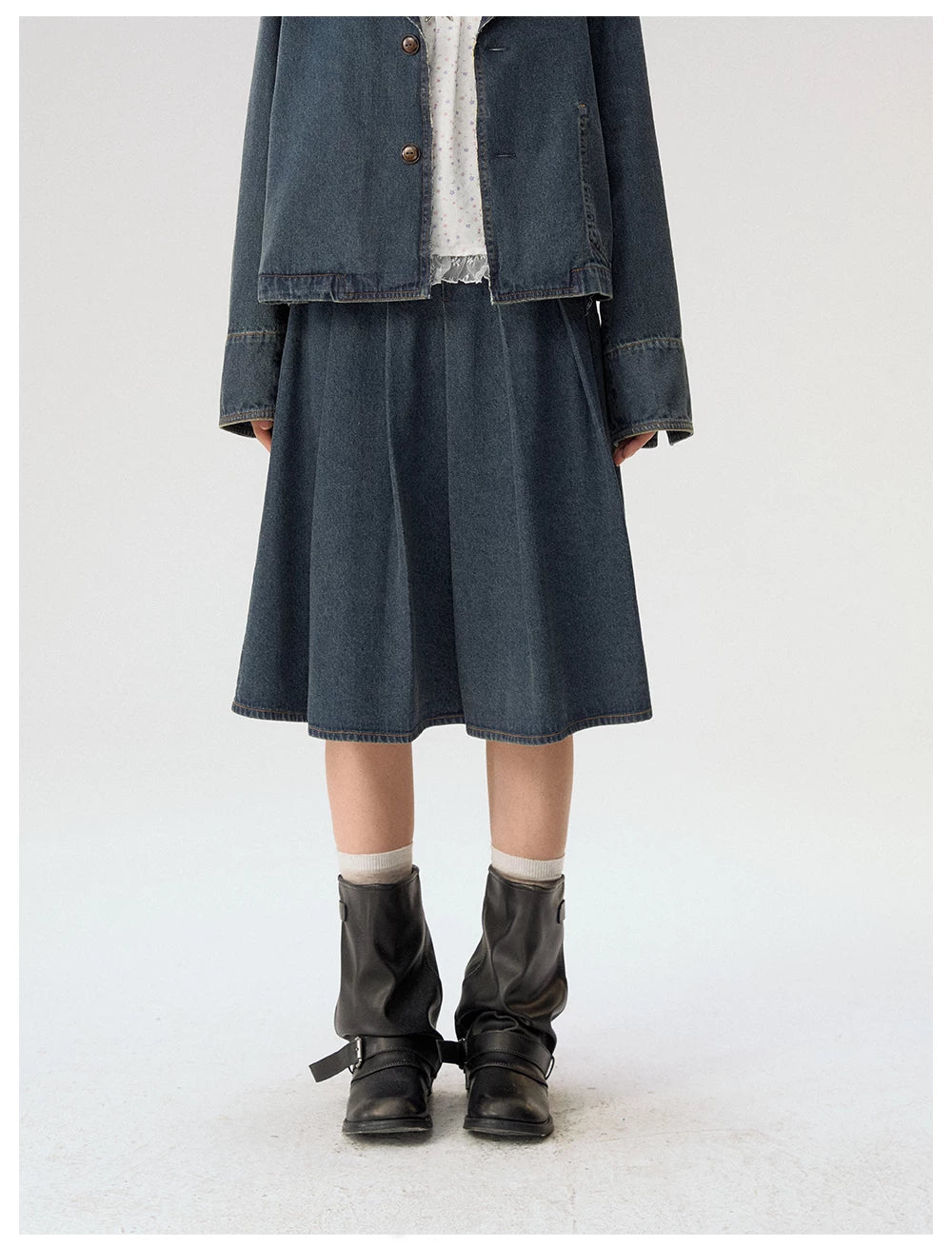 [CAN] "Wildflower Echoes" Vintage Indigo Denim Set (Jacket / Flared Pants / Midi Skirt)