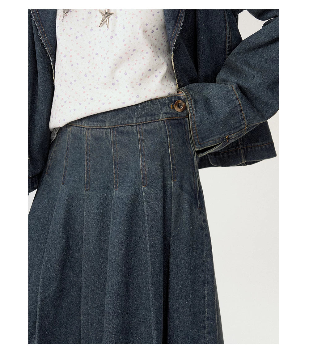 [CAN] "Wildflower Echoes" Vintage Indigo Denim Set (Jacket / Flared Pants / Midi Skirt)
