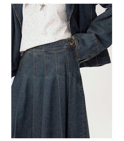 [CAN] "Wildflower Echoes" Vintage Indigo Denim Set (Jacket / Flared Pants / Midi Skirt)