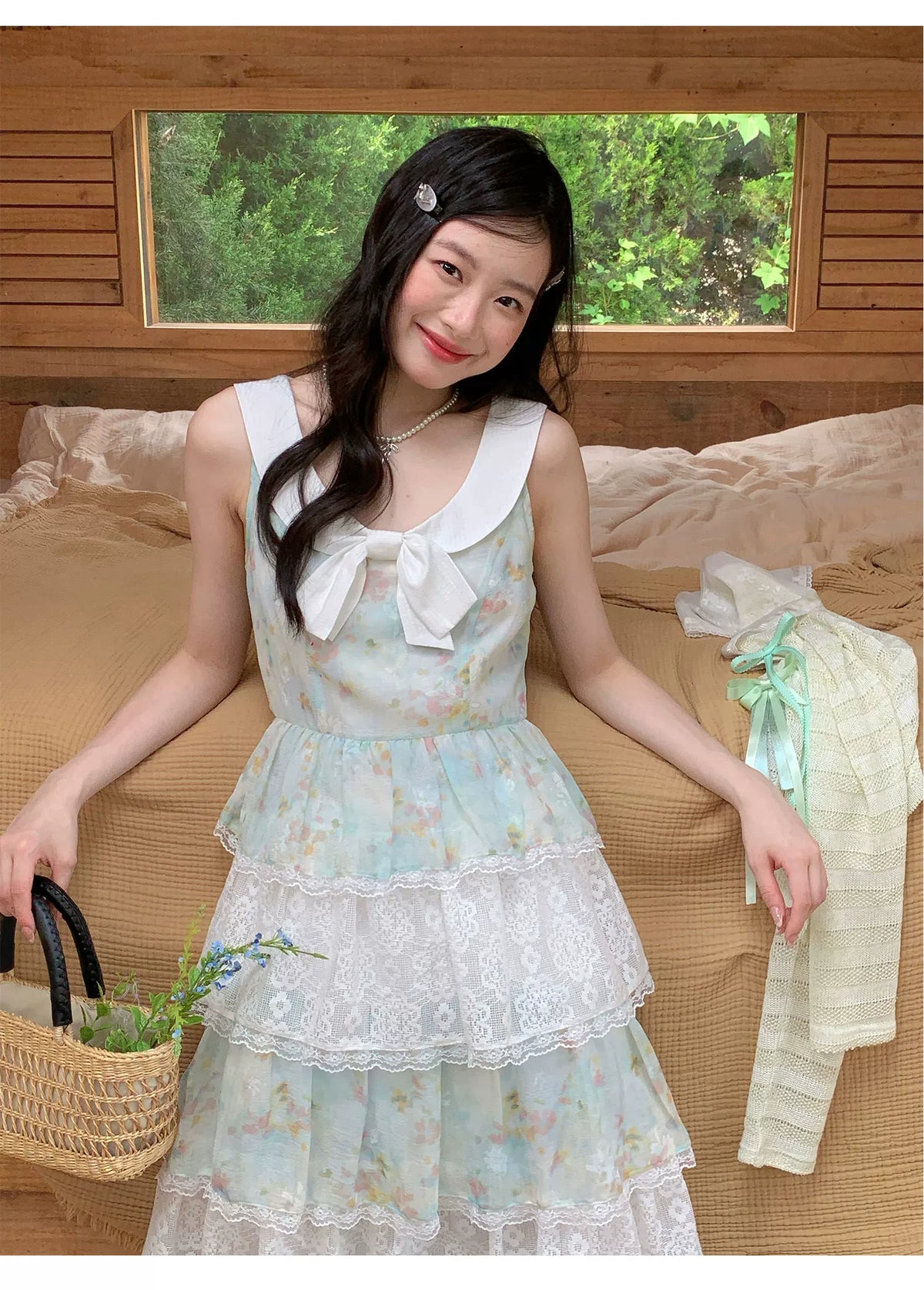 [RF] “Meadow Lilt” Light Green Floral Lace-Trim Tiered Maxi Dress