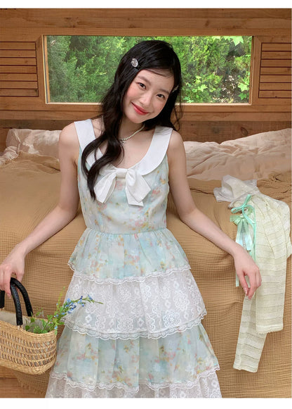 [RF] “Meadow Lilt” Light Green Floral Lace-Trim Tiered Maxi Dress