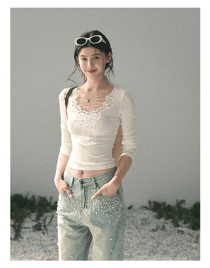 “Lace Summer Haven” Frost White Lace V-Neck Top