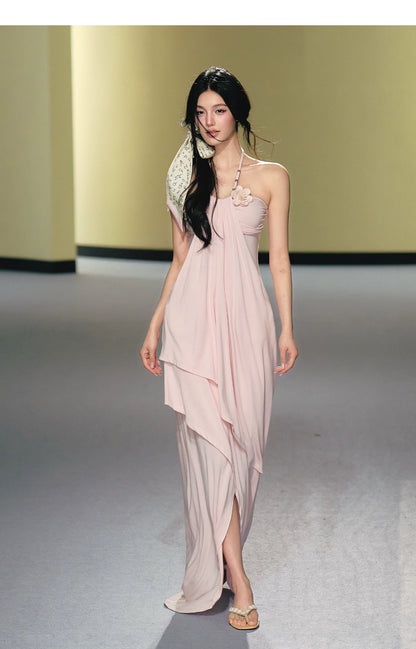 "Moonlit Reverie" Halter Layered Maxi Dress (Black/ Blush Pink)