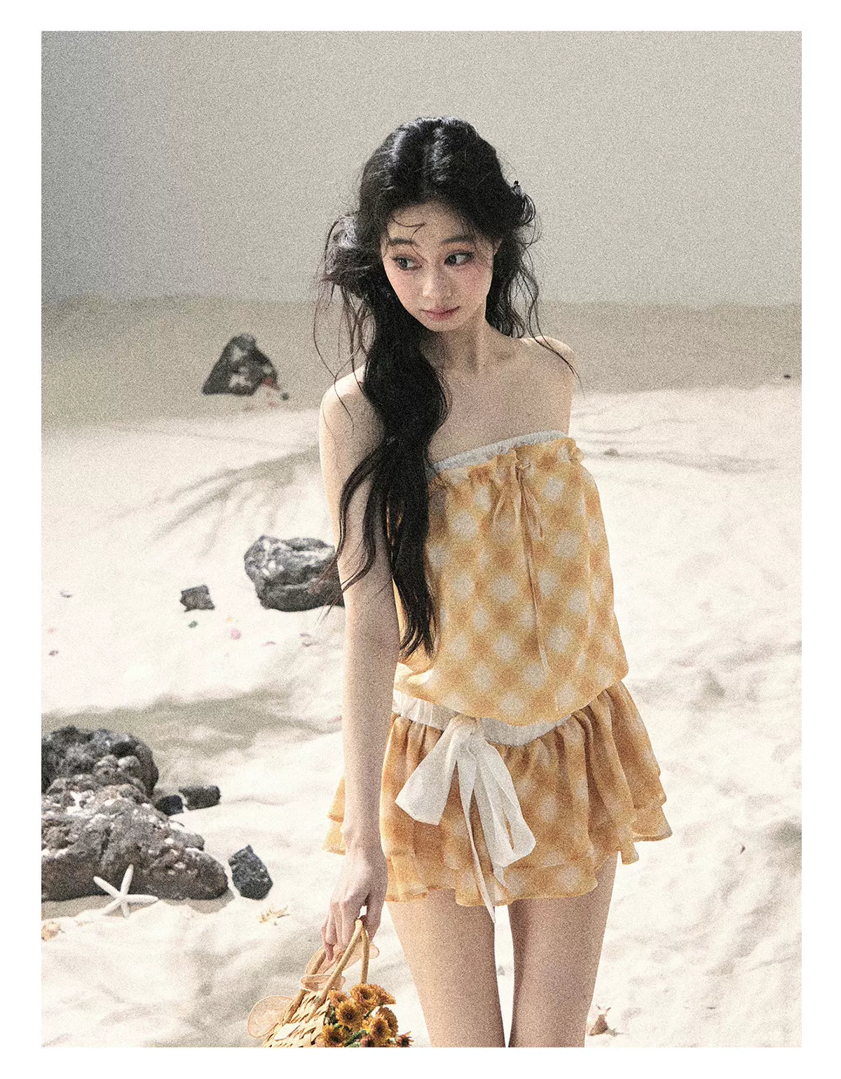 "Breeze Upon the Waves" Cheese Yellow Off-Shoulder Diamond Quilted Mini Dress
