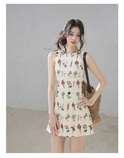 "Wildflower Daydream" Dutch Cream Embroidered Mini Dress - Sleeveless 45684