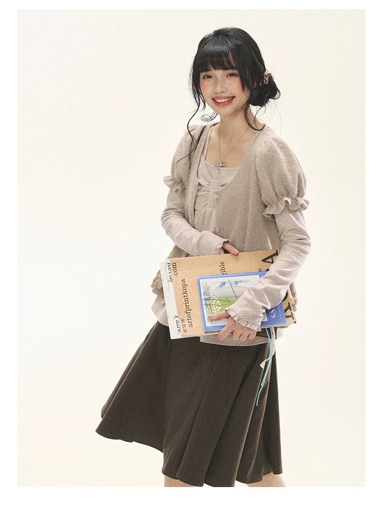 "Soft Fufu" Blush Pink Lace Puff Sleeve Knit Cardigan