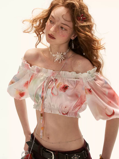 "Watercolor Fruit Mood" Off-Shoulder Top & Ruffle Skirt Set WE945